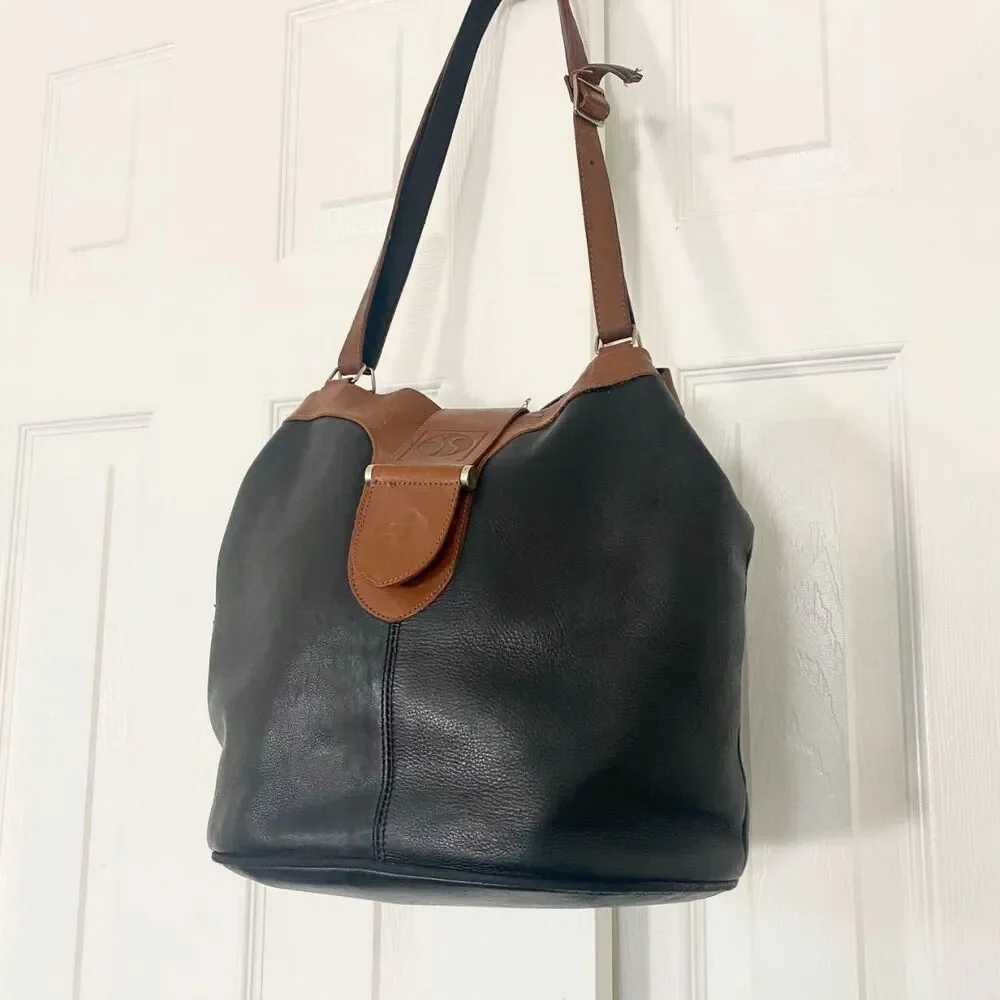 Vintage 90s Made In Austria Black Brown Soft Leather Hobo Shoulder Bucket Bag